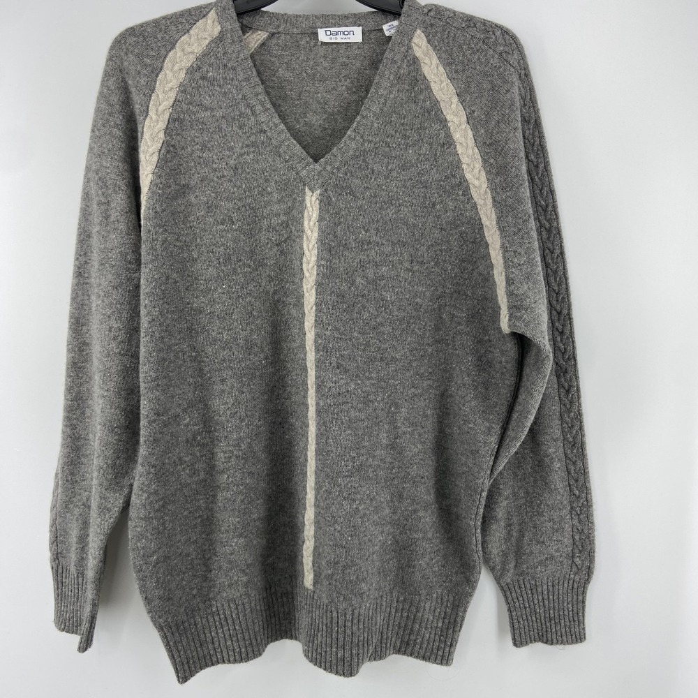 Damon Sweater Mens 1X Gray 100% Lambswool‎ V-Neck Cable Knit Fisherman Jumper